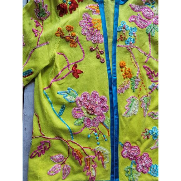 Michael Simon Cotton Embroidered Ribbon Neon Green Open front Cardigan M READ - Picture 4 of 13
